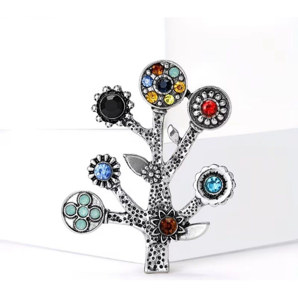 A Vintage-Inspired Tree of Life Brooch Pin Silver Tone Metal Finish